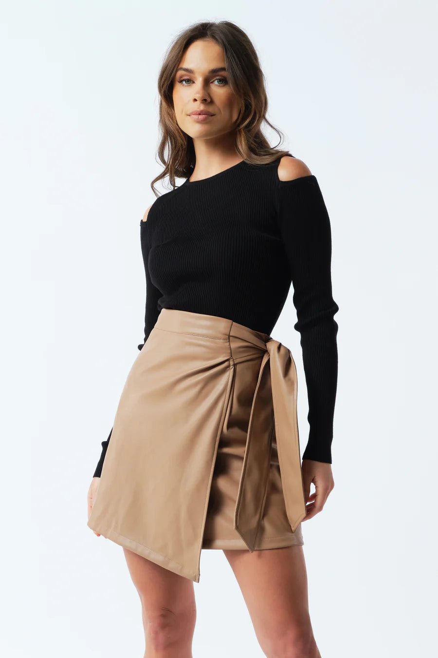 Blake Leather Look Wrap Mini Skirt - Mocha - Sare StoreApero LabelSkirt