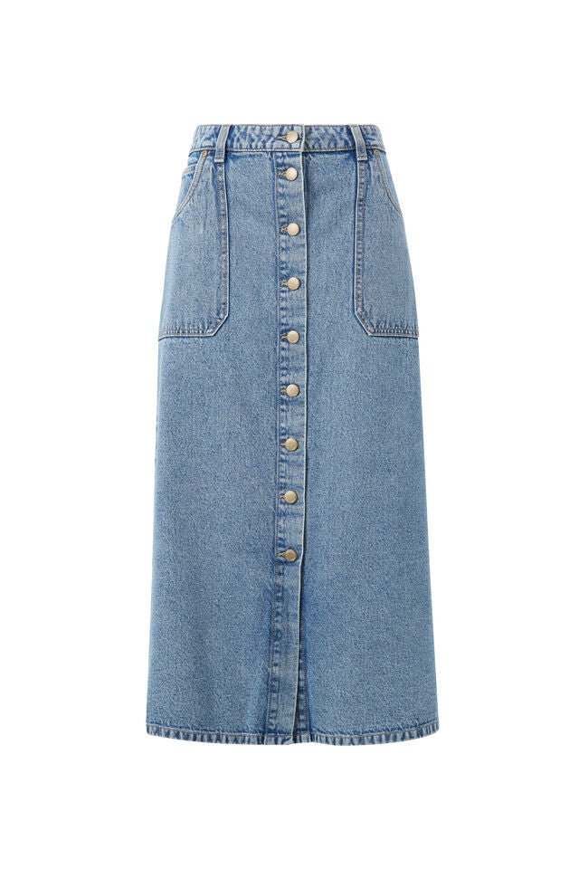 Button Through Denim Midi Skirt - Mid Vintage Blue - Sare StoreCeres LifeSkirt