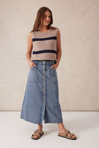 Button Through Denim Midi Skirt - Mid Vintage Blue - Sare StoreCeres LifeSkirt