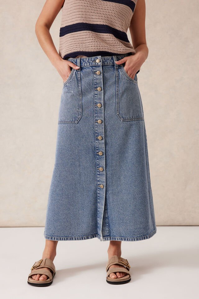 Button Through Denim Midi Skirt - Mid Vintage Blue - Sare StoreCeres LifeSkirt