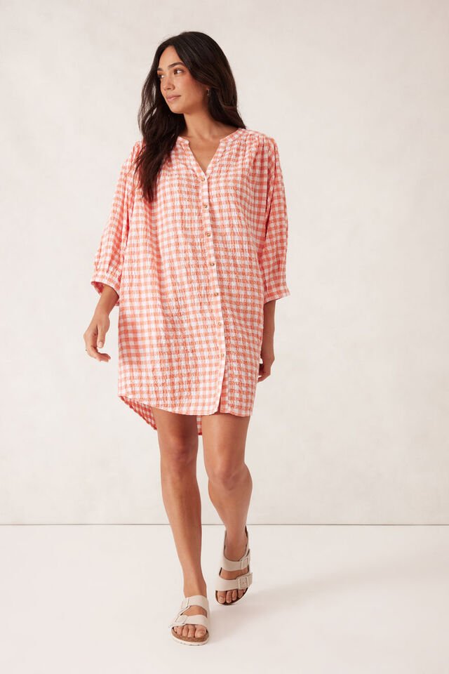 Crinkle Mini Dress - Coral White Gingham - Sare StoreCeres LifeDress