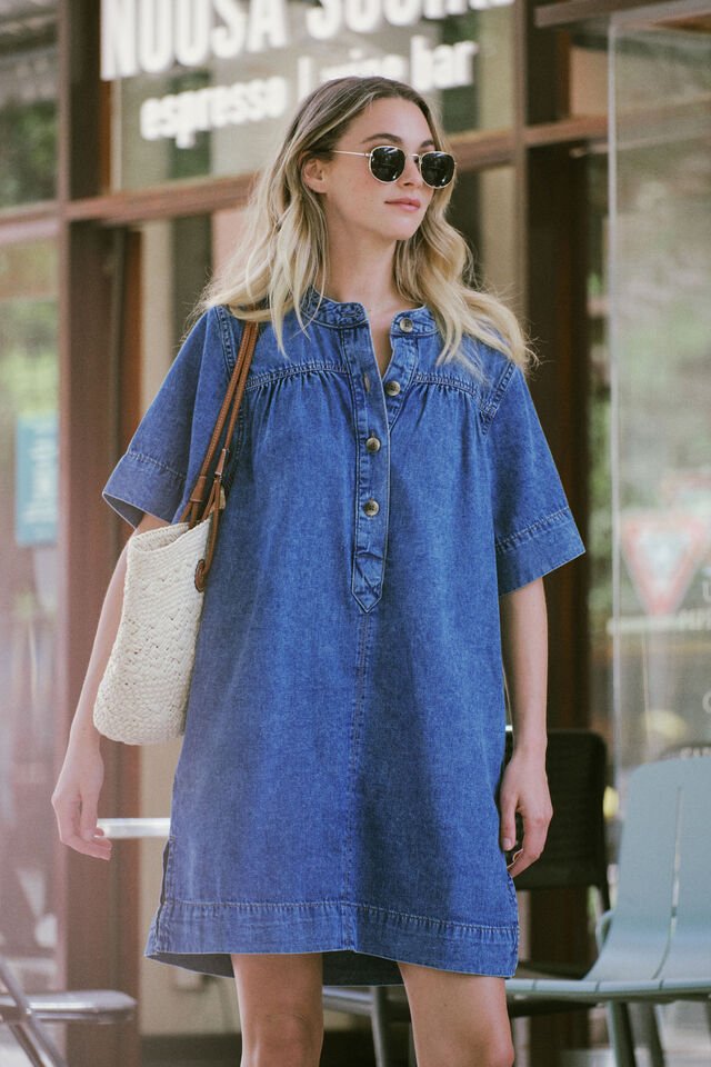 Half Placket Tunic Dress - Fresh Indigo - Sare StoreCeres LifeDress