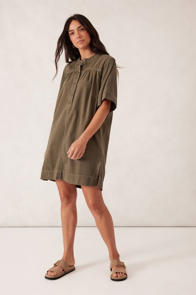 Half Placket Tunic Dress - Soft Olive Twill - Sare StoreCeres LifeDress