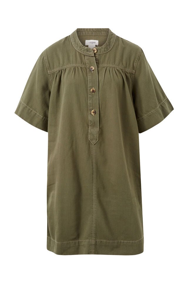 Half Placket Tunic Dress - Soft Olive Twill - Sare StoreCeres LifeDress