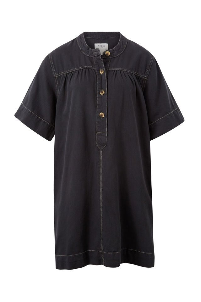 Half Placket Tunic Dress - Washed Black Twill - Sare StoreCeres LifeDress