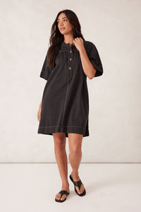 Half Placket Tunic Dress - Washed Black Twill - Sare StoreCeres LifeDress