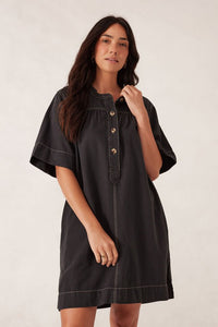 Half Placket Tunic Dress - Washed Black Twill - Sare StoreCeres LifeDress