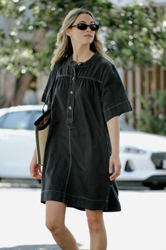 Half Placket Tunic Dress - Washed Black Twill - Sare StoreCeres LifeDress