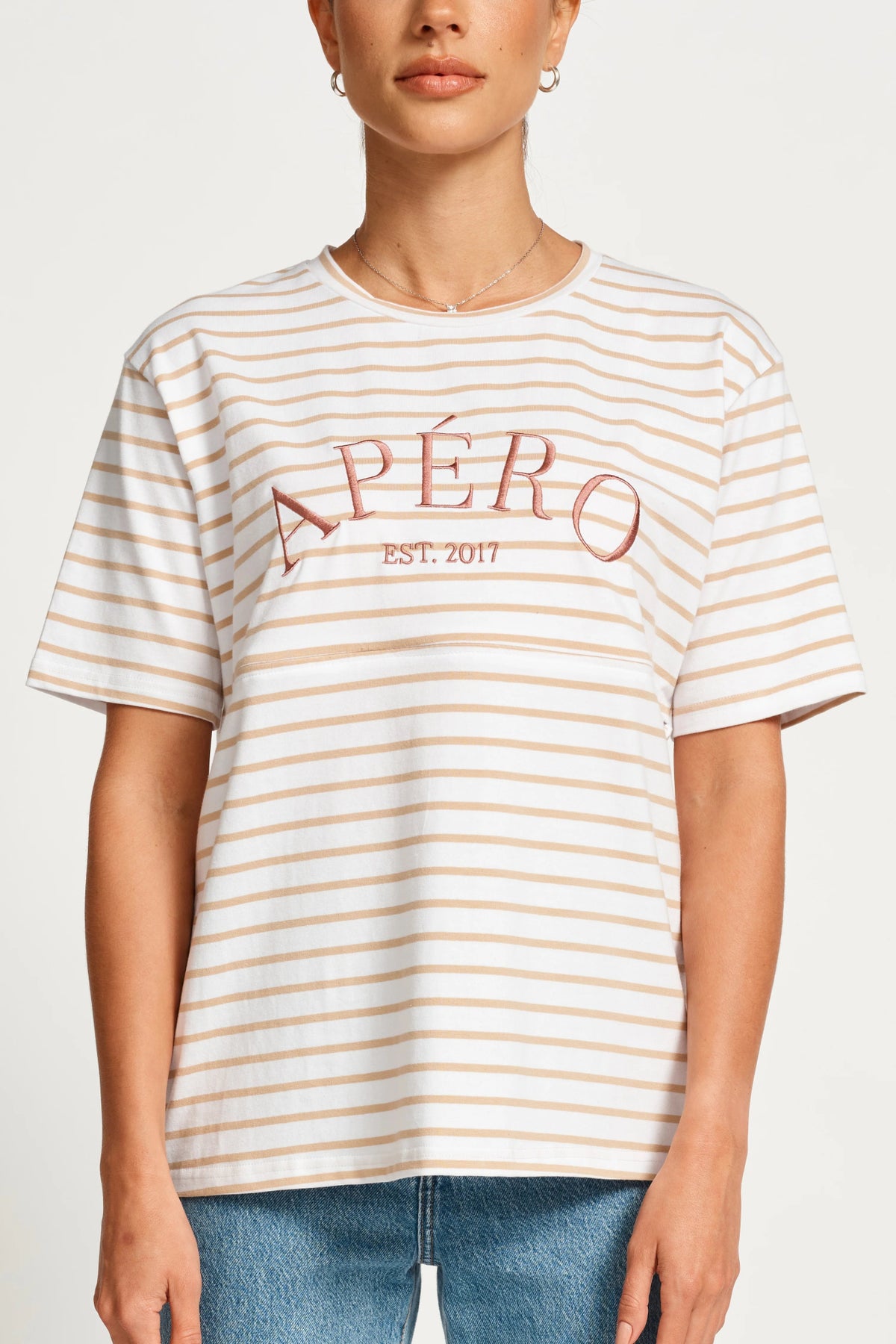 Heritage Stripe Panel Tee - White / Beige / Plum - Sare StoreApero LabelTshirt