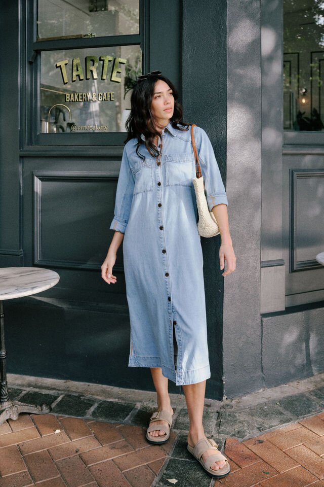 Long Sleeve Yoke Detail Midi Dress - Mid Blue Wash - Sare StoreCeres LifeMidi Dress