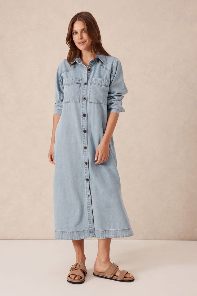 Long Sleeve Yoke Detail Midi Dress - Mid Blue Wash - Sare StoreCeres LifeMidi Dress