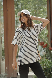 Longline Step Hem Tee - Vanilla /Phantom fine stripe - Sare StoreCeres LifeTee