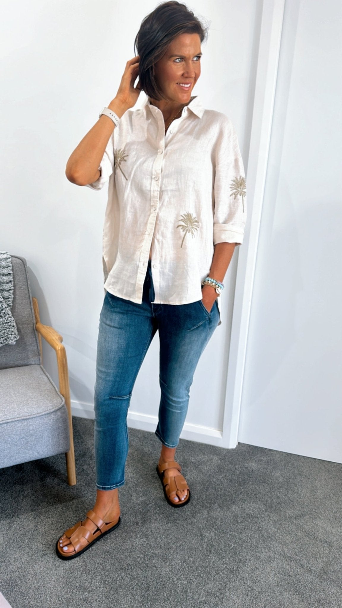 Palm Embroidered Shirt – Beige - Sare StoreLittle LiesShirt