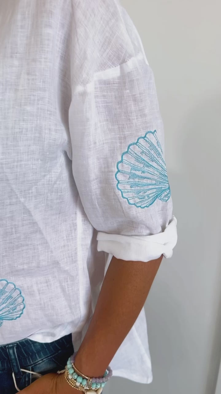 Shell Embroidery Shirt – White