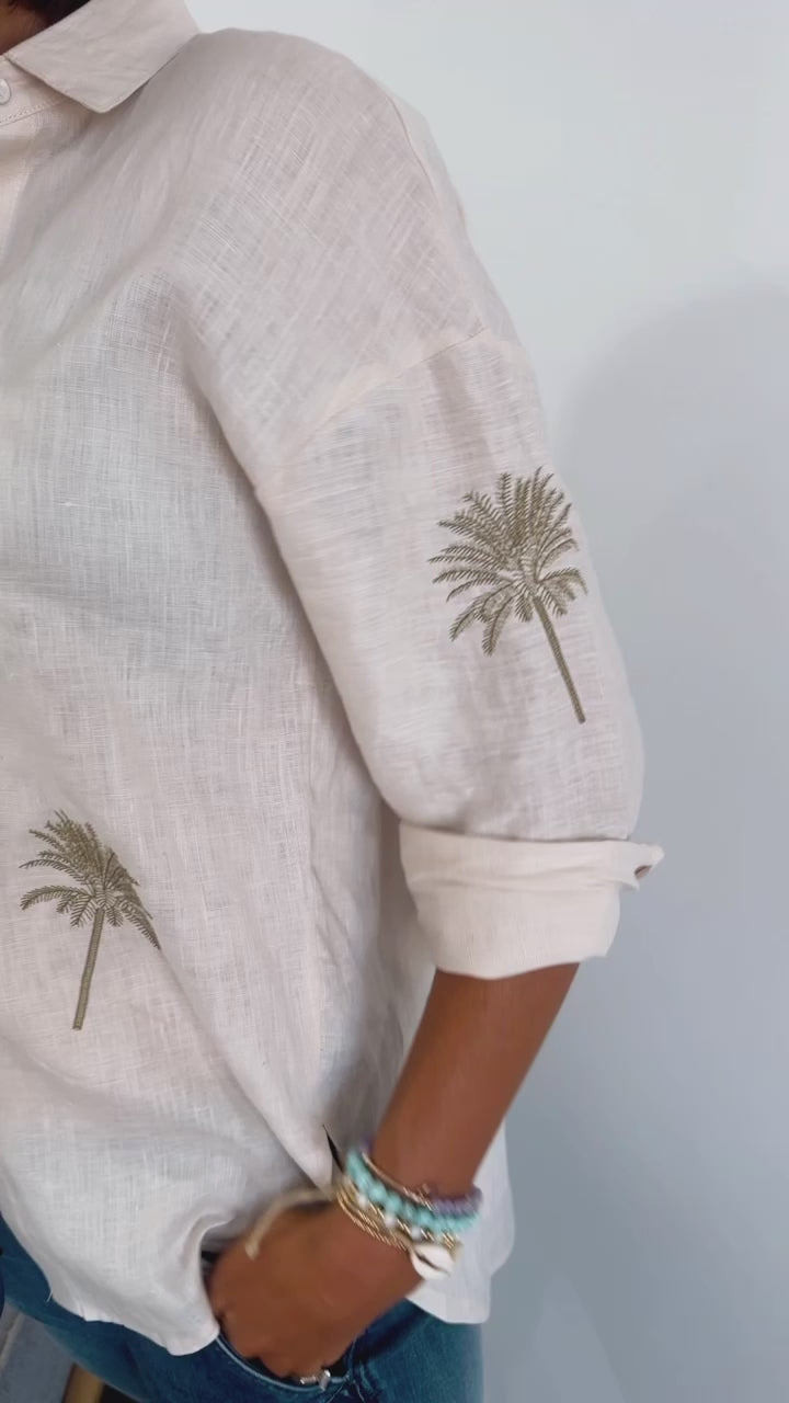 Palm Embroidered Shirt – Beige