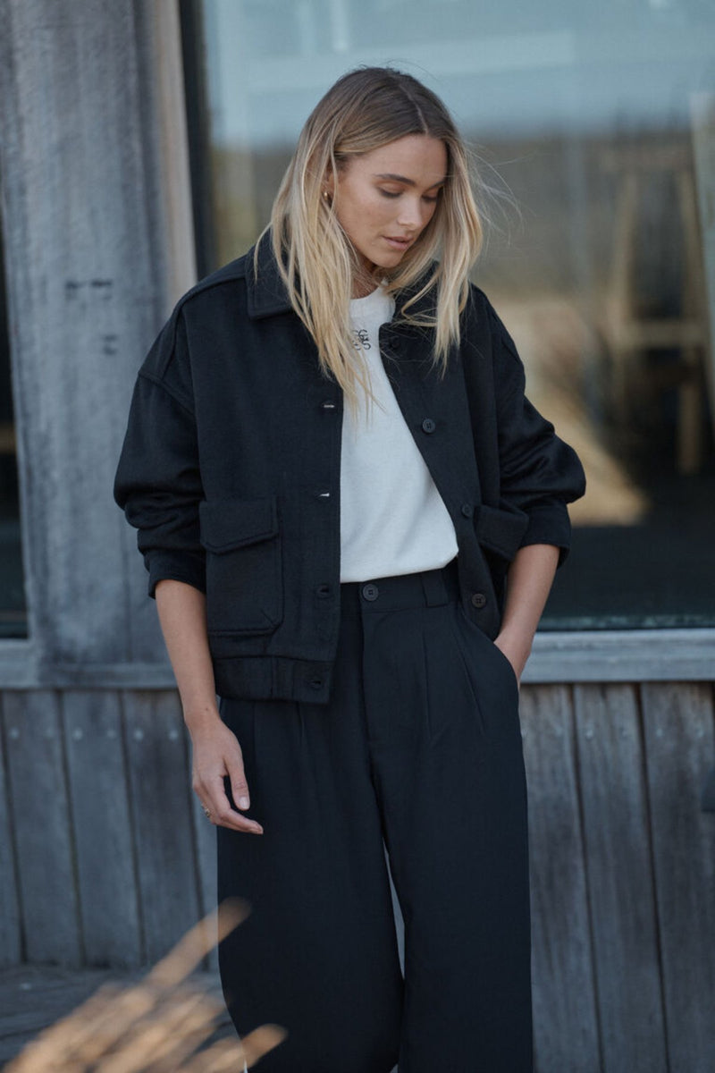 Relaxed Collared Bomber Jacket - Black Wool Blend - Sare StoreCeres LifeJacket