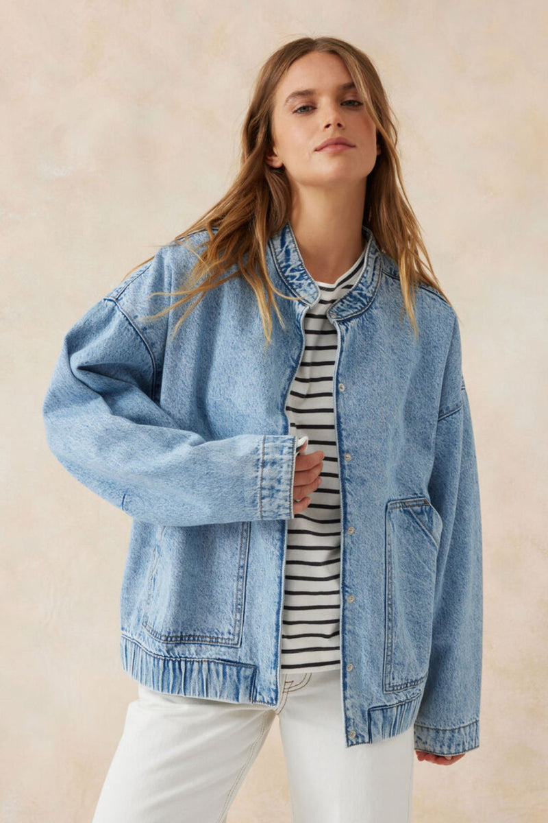 Relaxed Denim Bomber Jacket - Mid Blue - Sare StoreCeres LifeJacket