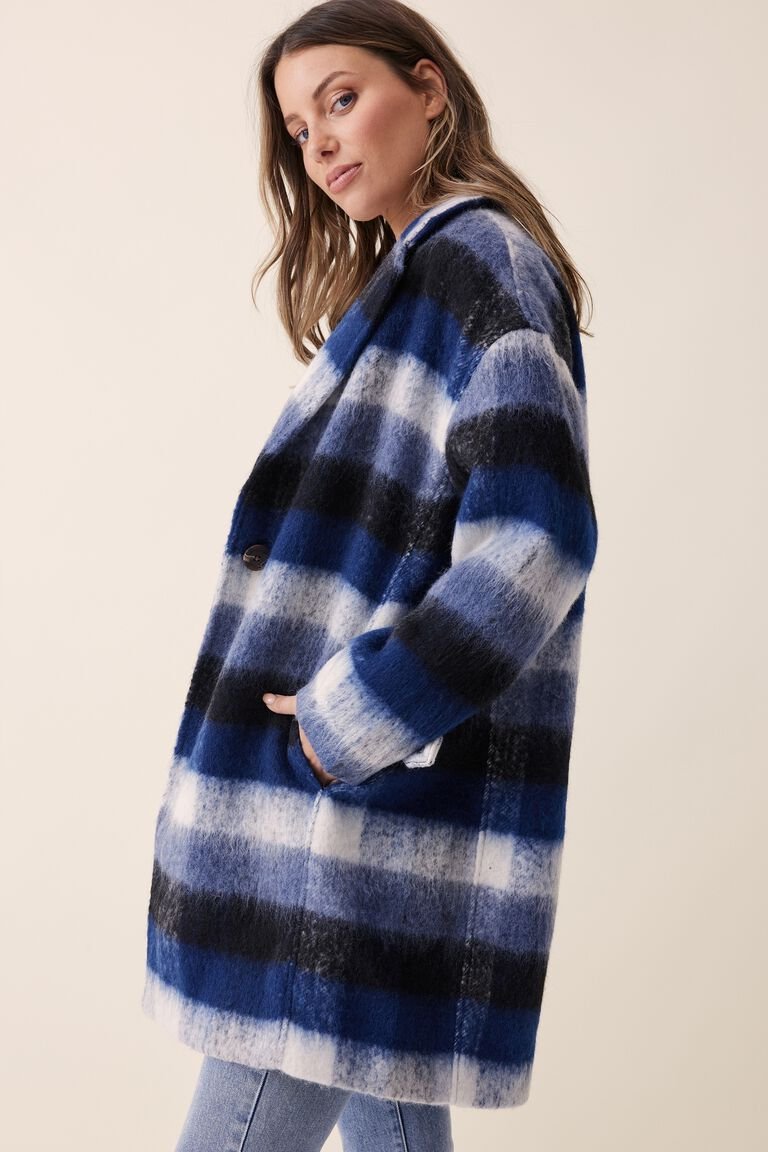 Relaxed Mid Length Coat In Wool Blend-Ombre Check/White Blue - Sare StoreCeres LifeCoat