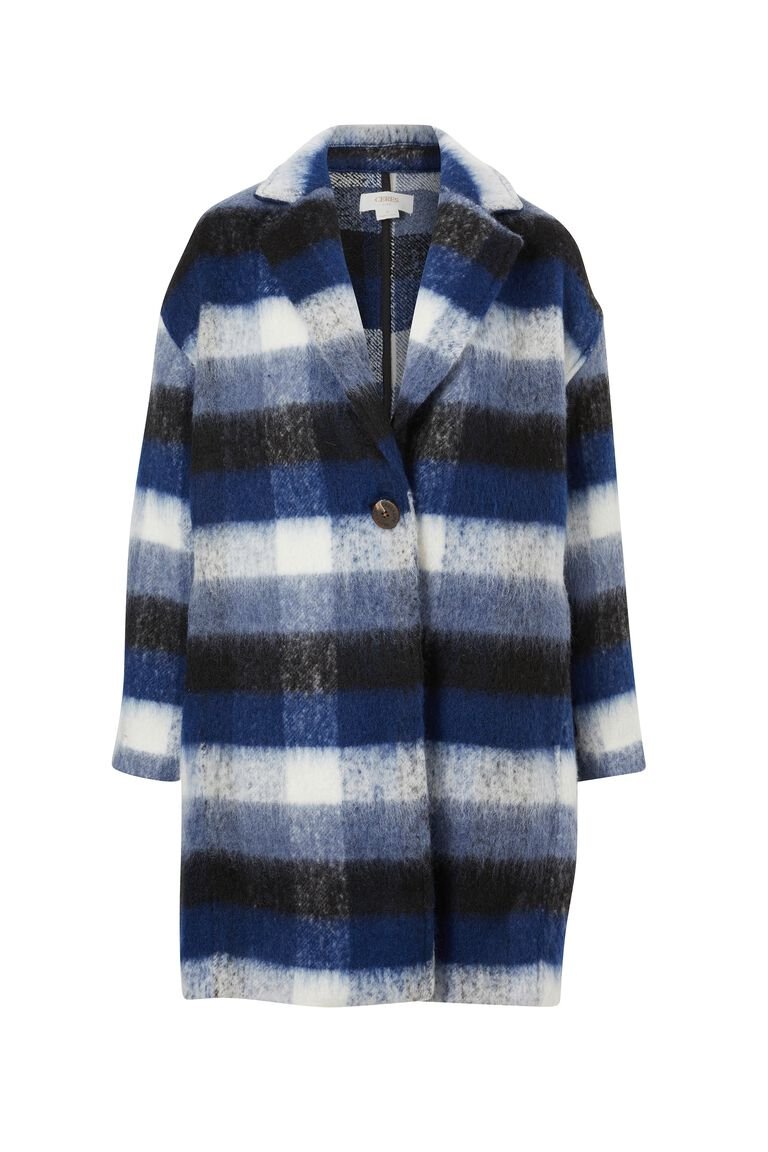 Relaxed Mid Length Coat In Wool Blend-Ombre Check/White Blue - Sare StoreCeres LifeCoat