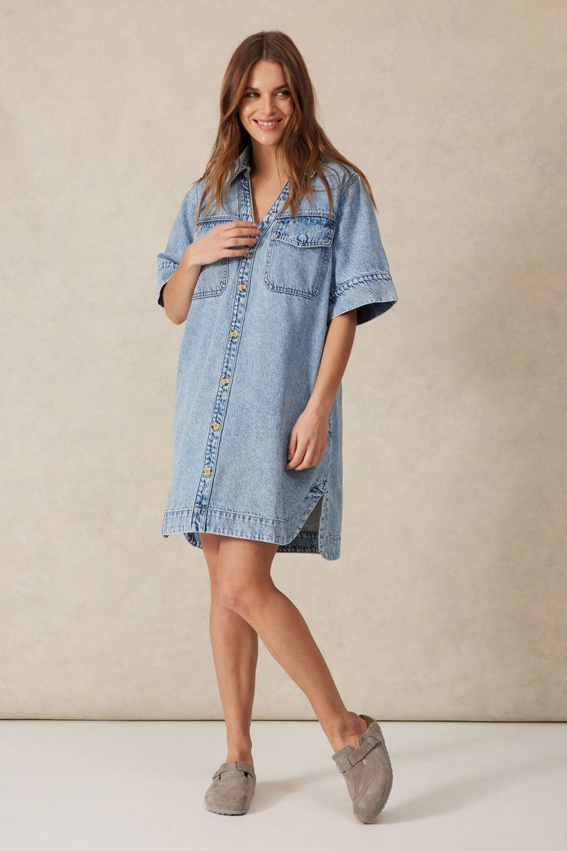 Relaxed Short Sleeve Shirt Dress - Vintage Blue Denim - Sare StoreCeres LifeDress