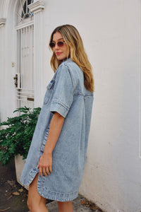 Relaxed Short Sleeve Shirt Dress - Vintage Blue Denim - Sare StoreCeres LifeDress