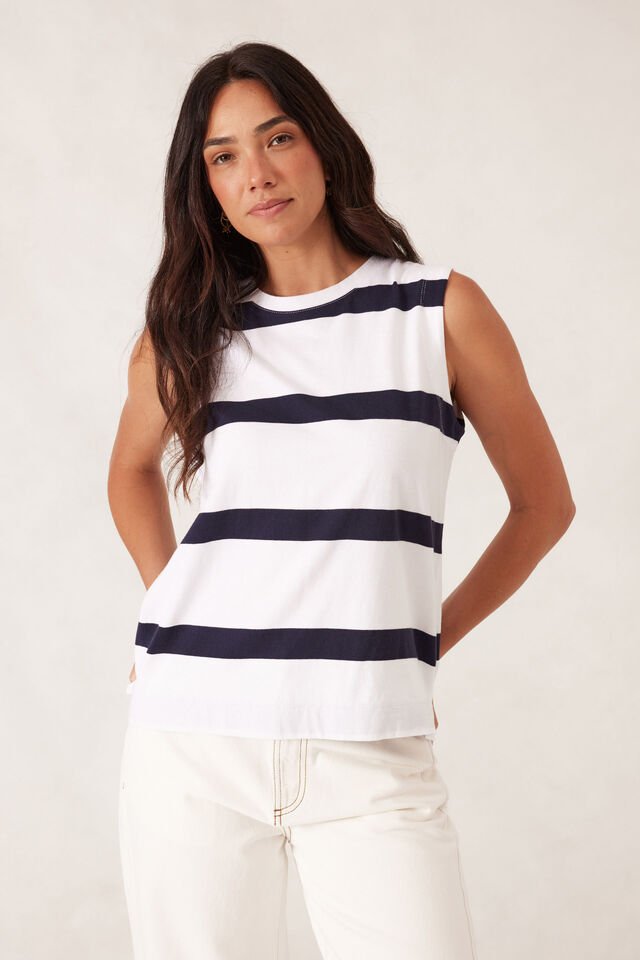 Relaxed Sleeveless Tee - White/New Navy Bold Stripe - Sare StoreCeres LifeTee