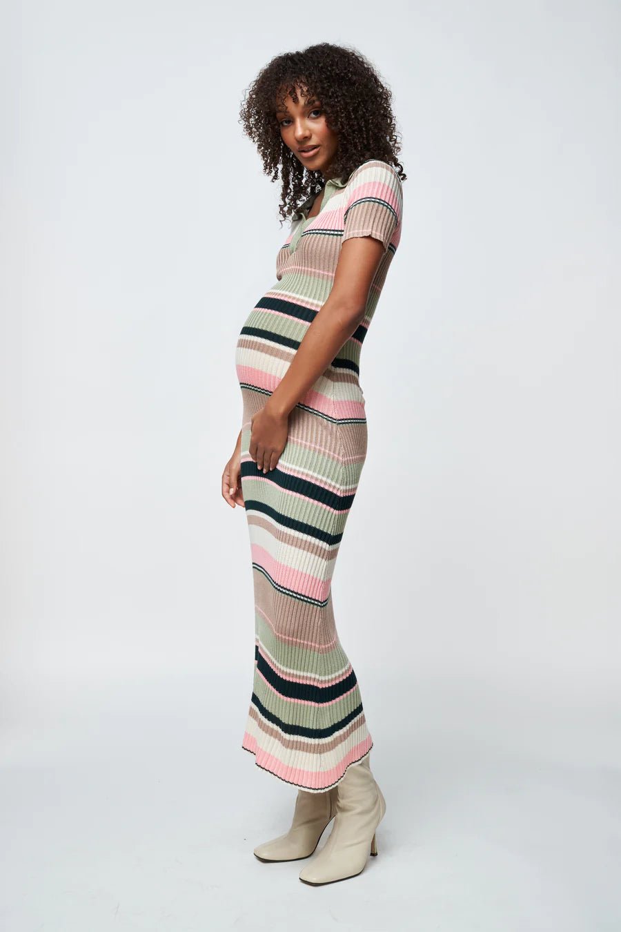 Apero | Remi Stripe Ribbed Knit Midi Dress - Green Multi Stripe ...