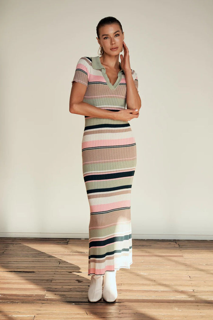 Remi Stripe Ribbed Knit Midi Dress - Green Multi Stripe - Sare StoreApero LabelDress