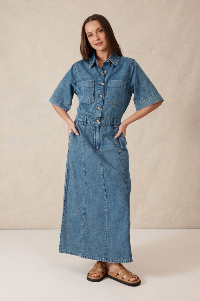 Short Sleeve Denim Maxi Shirt Dress - Sare StoreCeres LifeDress