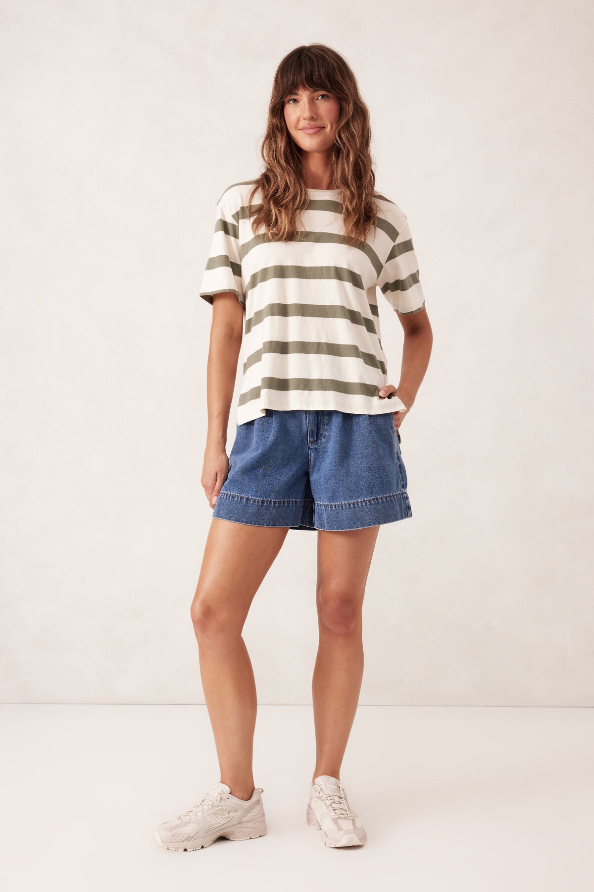 Slouchy Split Hem Tee - Eggshell/moss green bold stripe - Sare StoreCeres LifeTshirt