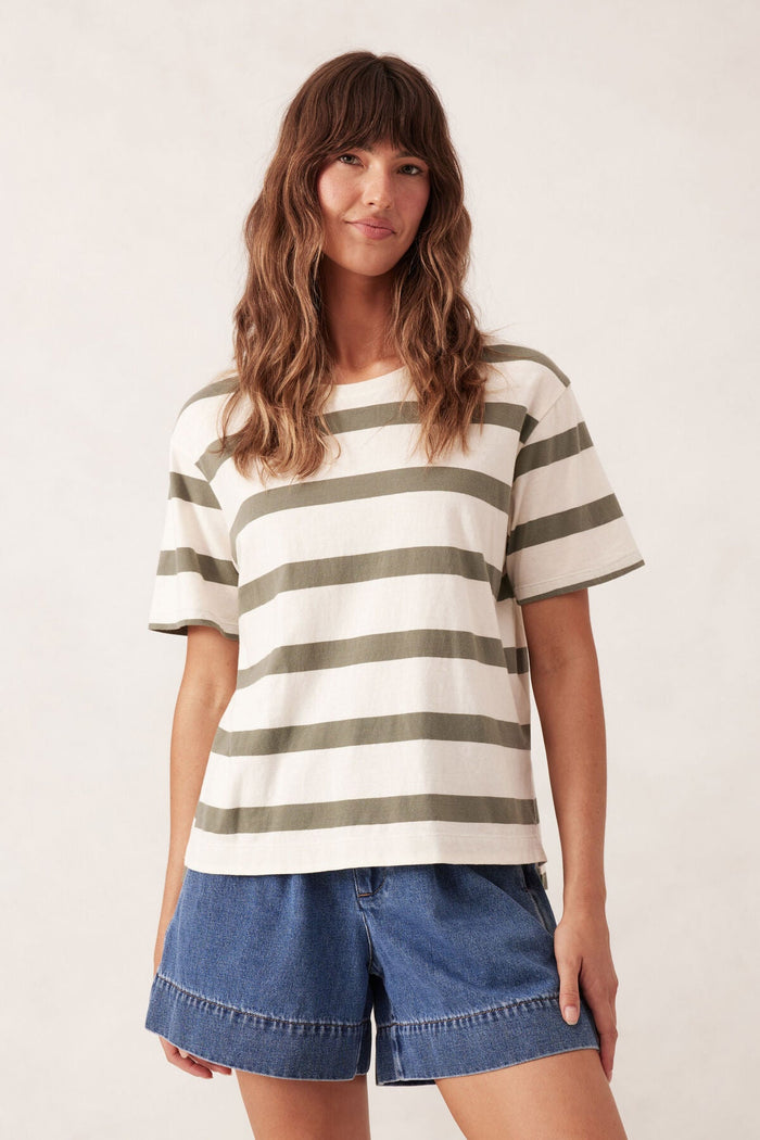 Slouchy Split Hem Tee - Eggshell/moss green bold stripe - Sare StoreCeres LifeTshirt