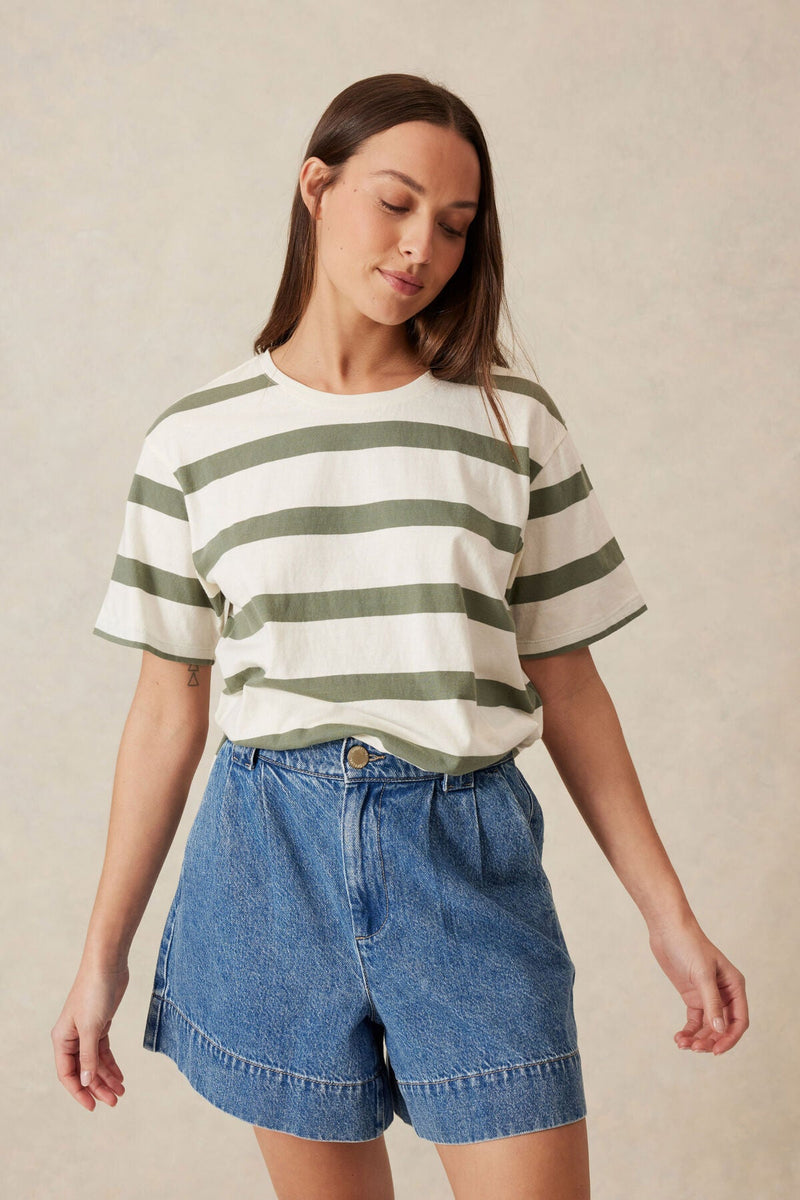 Slouchy Split Hem Tee - Eggshell/moss green bold stripe - Sare StoreCeres LifeTshirt