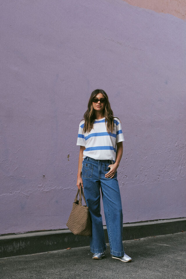 Slouchy Split Hem Tee - Vanilla/Pool Blue Bold Stripe - Sare StoreCeres LifeTee