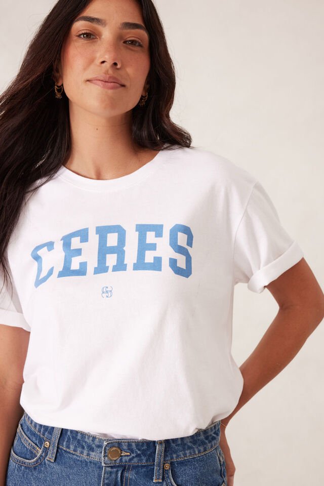 Slouchy Split Hem Tee - White/Ceres Varsity Pool Blue - Sare StoreCeres LifeTee