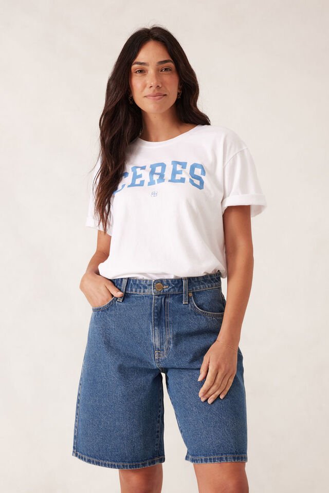 Slouchy Split Hem Tee - White/Ceres Varsity Pool Blue - Sare StoreCeres LifeTee